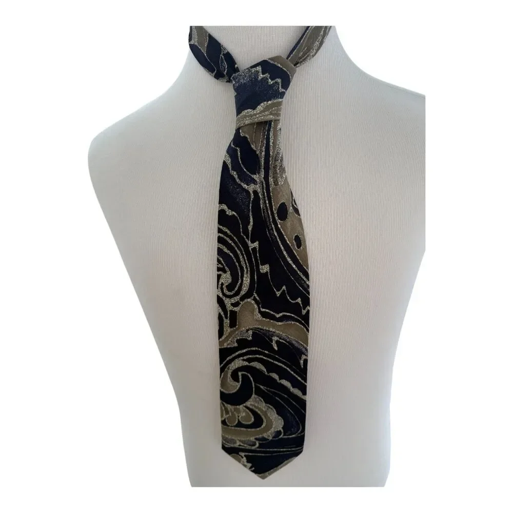 Stefano Enrici Navy and Tan Paisley Silk Jacquard Tie (Handmade in‎ Italy)